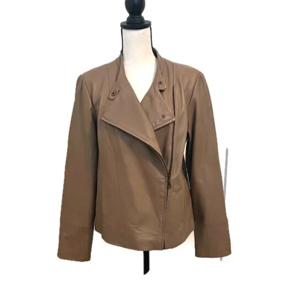 Live a Little Lamb Leather Moto Biker Jacket L Tan Camel - Picture 1 of 15